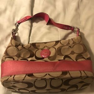 Coach signature pink, tan, and brown hobo bag